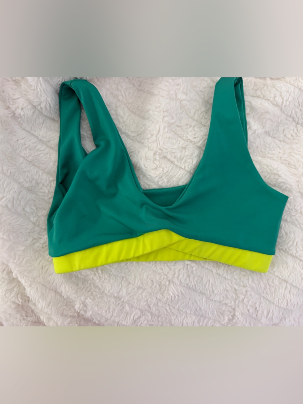 Teal and Neon Yellow V-Neck Sports Bra Top